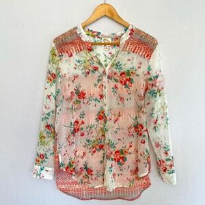FIG AND FLOWER Women's Large Collarless Button Front Semi-Sheer Floral Blouse